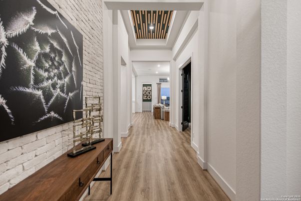 Interior, Recessed Lighting, Stone Walls, Wood Texture Flooring