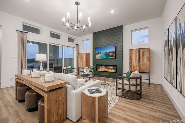 Chandelier, Fireplace, Interior, Living room, Pendant Lights, Recessed Lighting, Wood Texture Flooring