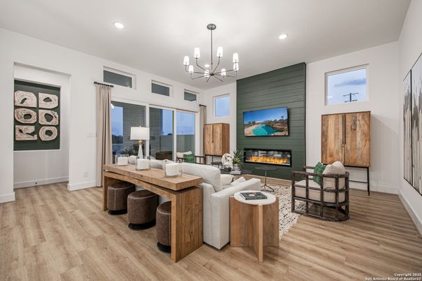 Chandelier, Fireplace, Interior, Living room, Pendant Lights, Recessed Lighting, Wood Texture Flooring