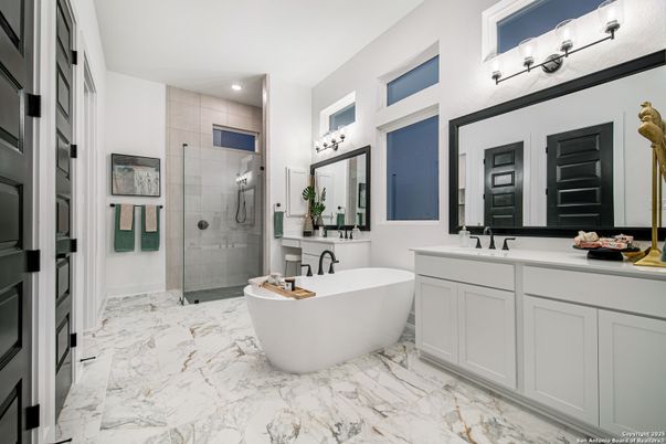 Bathroom, Dual Sink Vanities, Free Standing Baths, Glass Shower, Interior, Marble, Recessed Lighting