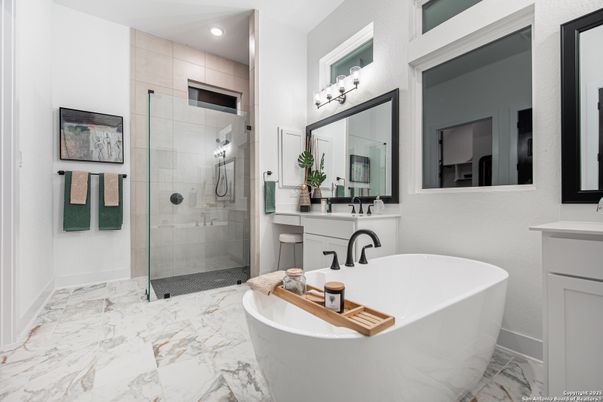 Bathroom, Dual Sink Vanities, Free Standing Baths, Glass Shower, Interior, Marble, Recessed Lighting