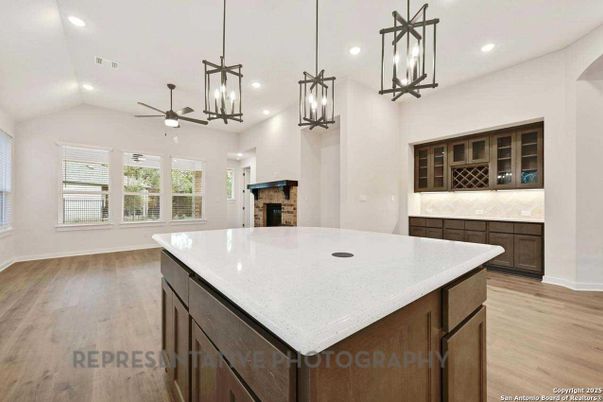 Fireplace, Interior, Kitchen, Pendant Lights, Recessed Lighting, Wood Texture Flooring