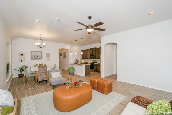 Chandelier, Dining room, Interior, Kitchen, Living room, Pendant Lights, Recessed Lighting, Wood Texture Flooring