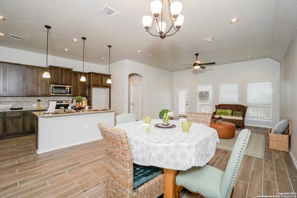 Chandelier, Dining room, Interior, Kitchen, Pendant Lights, Recessed Lighting, Wood Texture Flooring