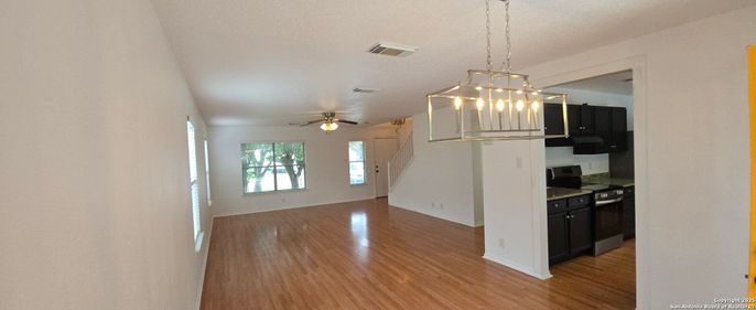 Empty room, Interior, Kitchen, Pendant Lights, Wood Texture Flooring
