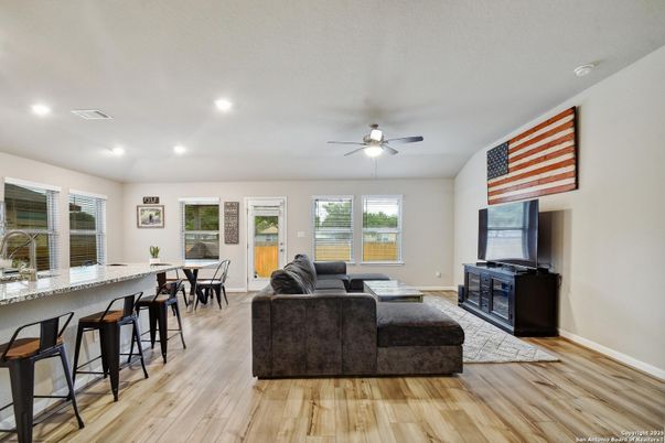 Dining room, Interior, Living room, Recessed Lighting, Wood Texture Flooring
