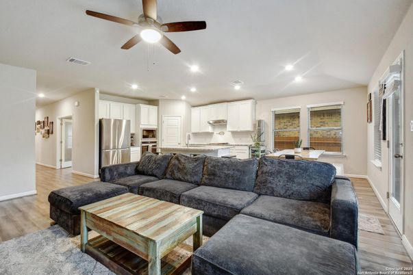 Interior, Kitchen, Living room, Recessed Lighting, Stainless Steel Appliances, Wood Texture Flooring