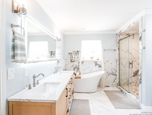Bathroom, Dual Sink Vanities, Free Standing Baths, Glass Shower, Interior, Marble, Marble Walls