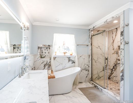 Bathroom, Free Standing Baths, Glass Shower, Interior, Marble, Marble Walls, Recessed Lighting