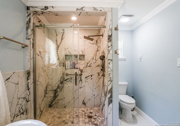 Bathroom, Glass Shower, Interior, Marble Walls, Recessed Lighting