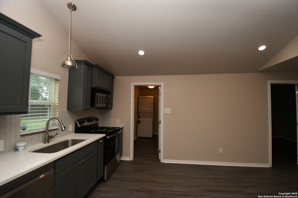 Interior, Kitchen, Pendant Lights, Recessed Lighting, Wood Texture Flooring