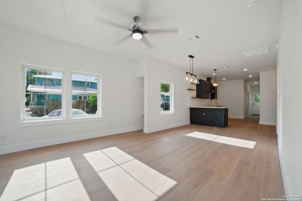 Empty room, Interior, Kitchen, Pendant Lights, Recessed Lighting, Wood Texture Flooring