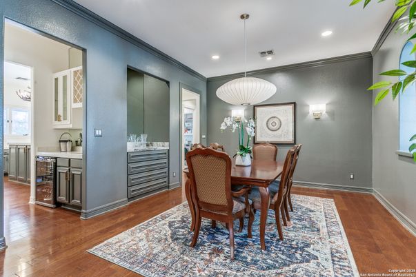Dining room, Interior, Pendant Lights, Recessed Lighting, Wood Texture Flooring