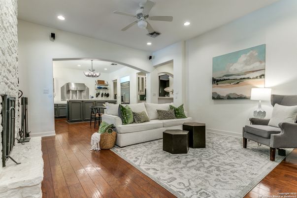 Chandelier, Interior, Kitchen, Living room, Recessed Lighting, Stainless Steel Appliances, Wood Texture Flooring