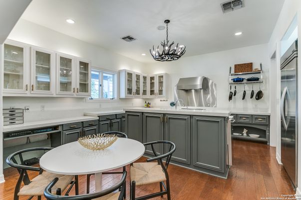 Chandelier, Interior, Kitchen, Pendant Lights, Recessed Lighting, Stainless Steel Appliances, Wood Texture Flooring