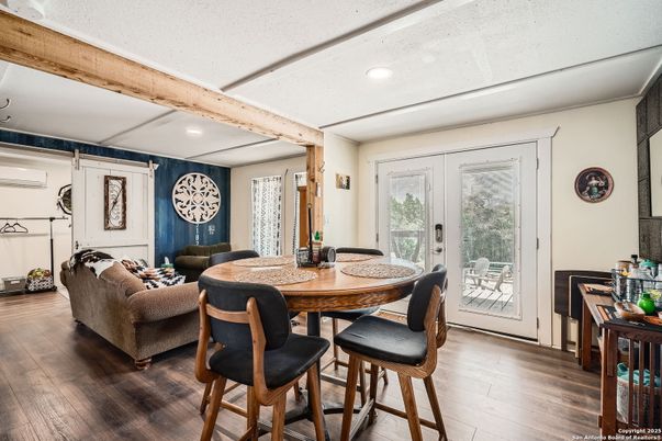 Dining room, Interior, Living room, Recessed Lighting, Wooden Beams, Wood Texture Flooring