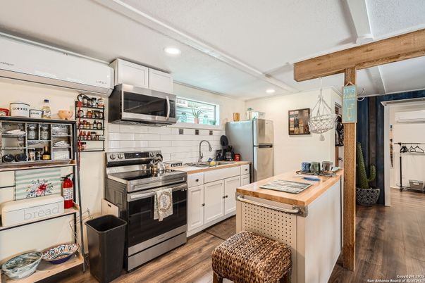 Interior, Kitchen, Recessed Lighting, Stainless Steel Appliances, Wooden Beams, Wood Texture Flooring