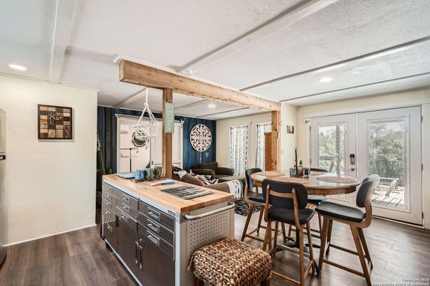 Dining room, Interior, Recessed Lighting, Wooden Beams, Wood Texture Flooring