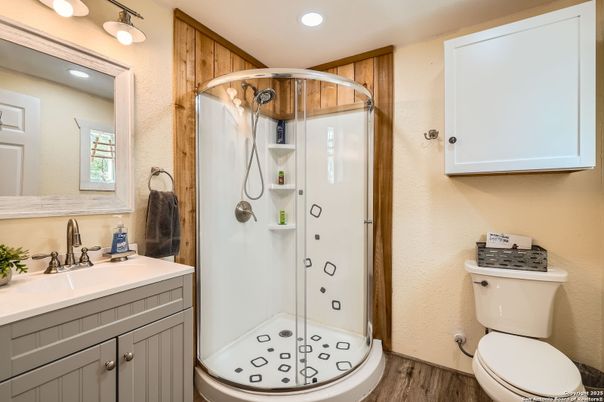 Bathroom, Glass Shower, Interior, Recessed Lighting, Wood Texture Flooring