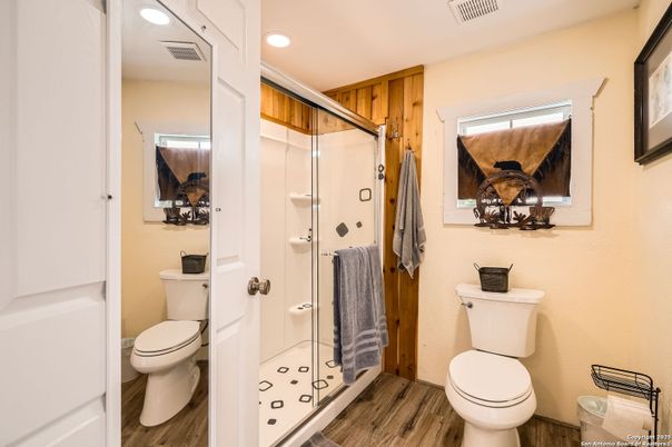 Bathroom, Glass Shower, Interior, Recessed Lighting, Wood Texture Flooring
