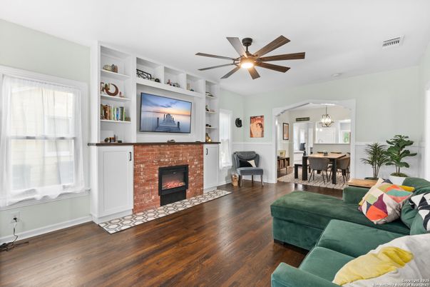 Dining room, Fireplace, Interior, Living room, Pendant Lights, Wood Texture Flooring