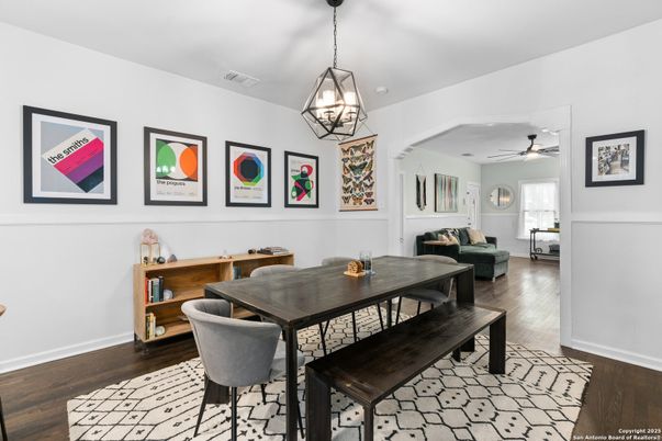 Dining room, Interior, Pendant Lights, Wood Texture Flooring