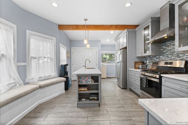 Interior, Kitchen, Pendant Lights, Recessed Lighting, Stainless Steel Appliances, Wooden Beams, Wood Texture Flooring