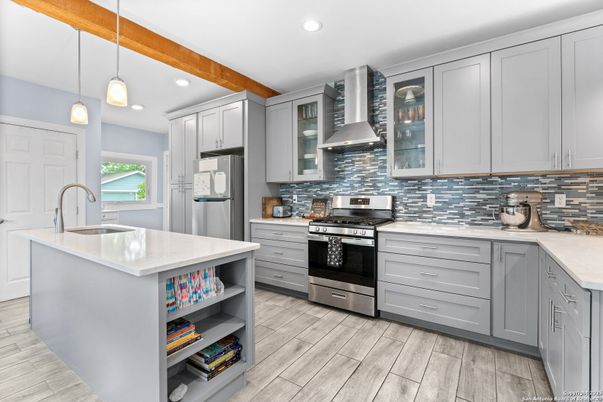 Interior, Kitchen, Pendant Lights, Recessed Lighting, Stainless Steel Appliances, Wooden Beams, Wood Texture Flooring