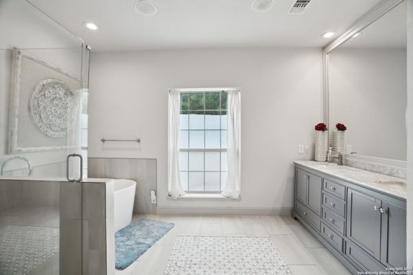 Bathroom, Free Standing Baths, Glass Shower, Interior, Recessed Lighting