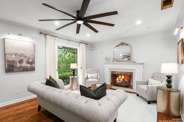 Fireplace, Interior, Living room, Recessed Lighting, Wood Texture Flooring