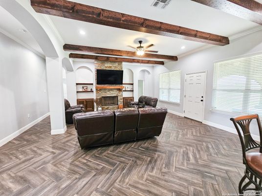 Fireplace, Interior, Living room, Recessed Lighting, Wooden Beams, Wood Texture Flooring