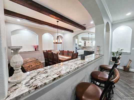 Chandelier, Dining room, Interior, Kitchen, Pendant Lights, Recessed Lighting, Wooden Beams, Wood Texture Flooring