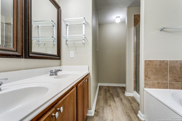Bathroom, Dual Sink Vanities, Interior, Wood Texture Flooring