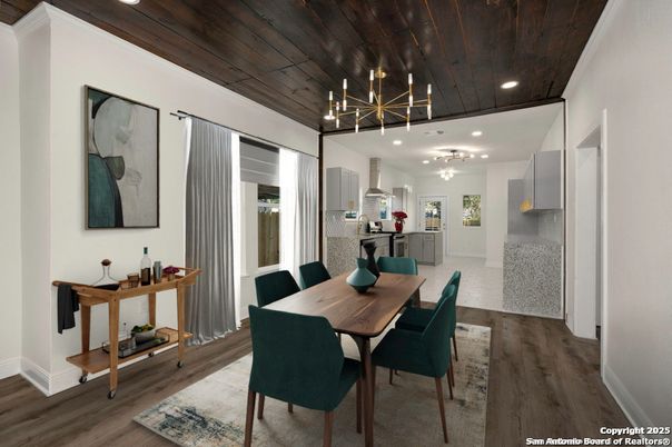 Dining room, Interior, Kitchen, Pendant Lights, Recessed Lighting, Stainless Steel Appliances, Wooden Ceilings, Wood Texture Flooring