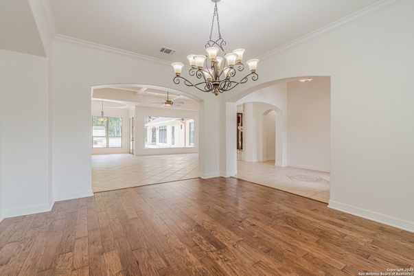 Chandelier, Empty room, Interior, Recessed Lighting, Wood Texture Flooring