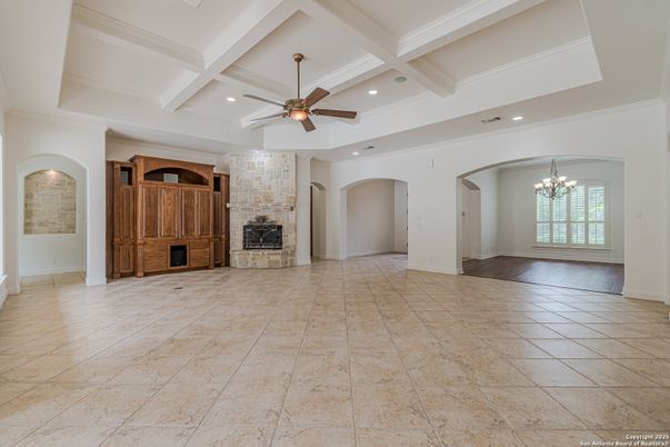 Chandelier, Empty room, Fireplace, Interior, Recessed Lighting