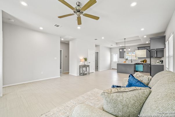Interior, Kitchen, Living room, Pendant Lights, Recessed Lighting, Wood Texture Flooring