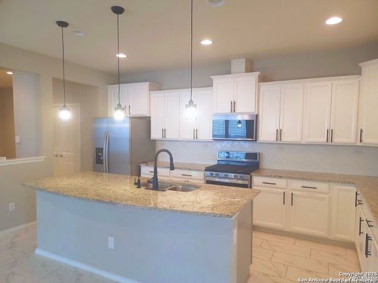 Interior, Kitchen, Marble, Pendant Lights, Recessed Lighting, Stainless Steel Appliances