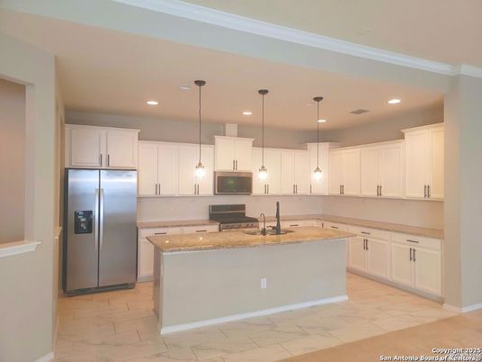 Interior, Kitchen, Marble, Pendant Lights, Recessed Lighting, Stainless Steel Appliances