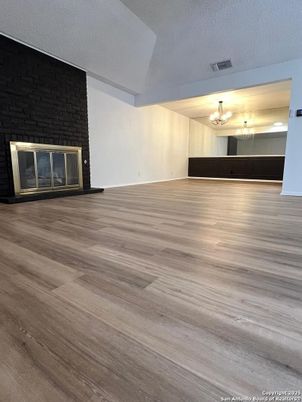 Empty room, Fireplace, Interior, Stone Walls, Wood Texture Flooring
