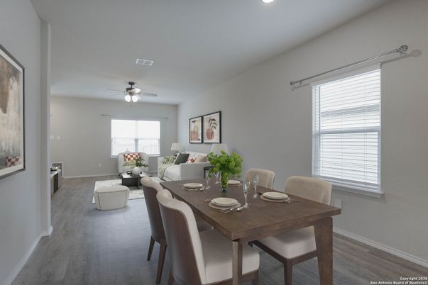 Dining room, Interior, Living room, Recessed Lighting, Wood Texture Flooring
