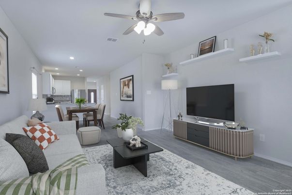 Dining room, Interior, Kitchen, Living room, Recessed Lighting, Stainless Steel Appliances, Wood Texture Flooring