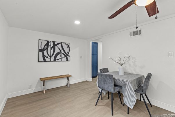 Dining room, Interior, Recessed Lighting, Wood Texture Flooring