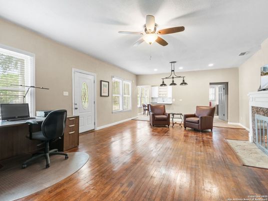 Fireplace, Home Office, Interior, Pendant Lights, Recessed Lighting, Wood Texture Flooring