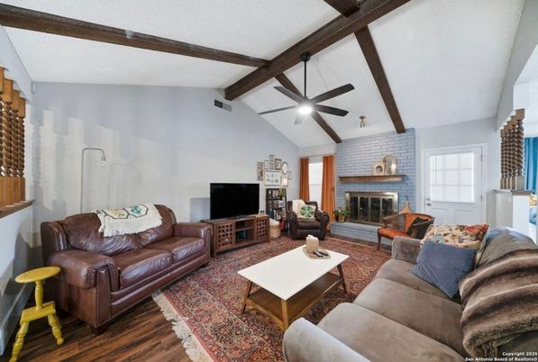 Fireplace, Interior, Living room, Stone Walls, Wooden Beams, Wood Texture Flooring
