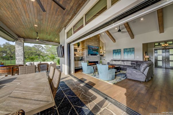 Fireplace, Interior, Living room, Recessed Lighting, Stone Walls, Wooden Beams, Wooden Ceilings, Wood Texture Flooring