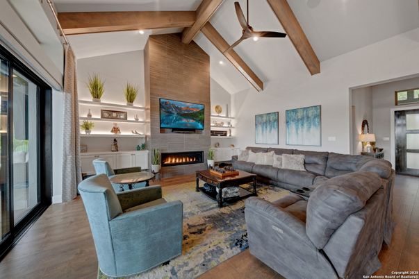 Fireplace, Interior, Living room, Recessed Lighting, Wooden Beams, Wood Texture Flooring