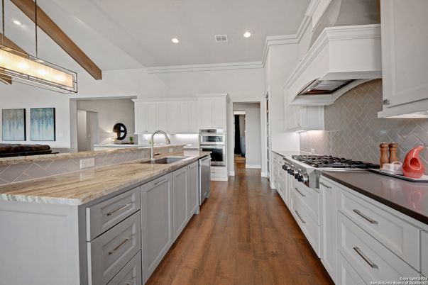 Interior, Kitchen, Recessed Lighting, Stainless Steel Appliances, Wooden Beams, Wood Texture Flooring