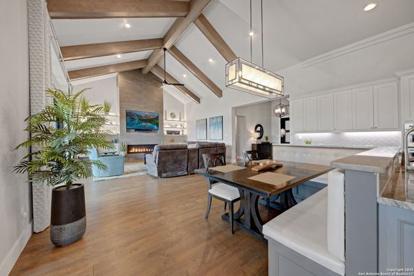 Dining room, Fireplace, Interior, Kitchen, Living room, Pendant Lights, Recessed Lighting, Wooden Beams, Wood Texture Flooring