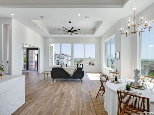 Dining room, Interior, Living room, Pendant Lights, Recessed Lighting, Wood Texture Flooring